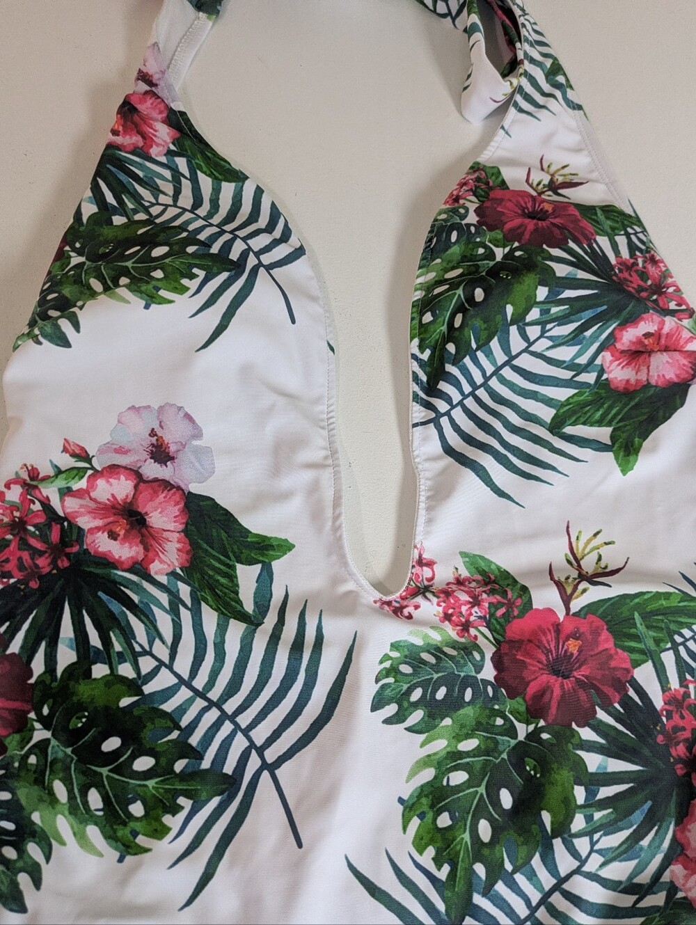 Floral Womens Swimwear Size L Halter Neck Monokini Tropical White Green Cut Out - Picture 6 of 11